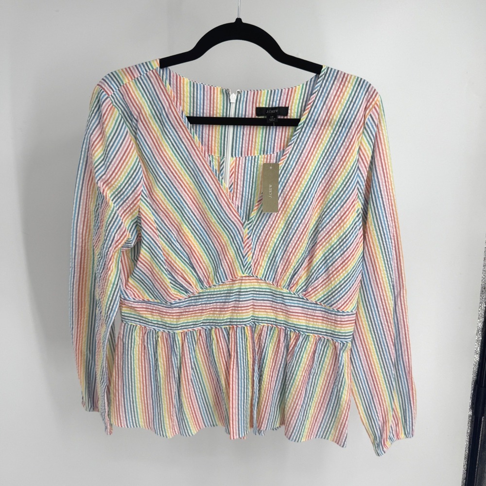 J.Crew Rainbow Stripe Seersucker Peplum Top V-Neck Long Sleeve NWT 12 Pride Fun